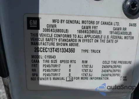 2005 Chevrolet Silverado 1500 Ls z USA, uszkodzony, nr VIN 2GCEC13T451334360